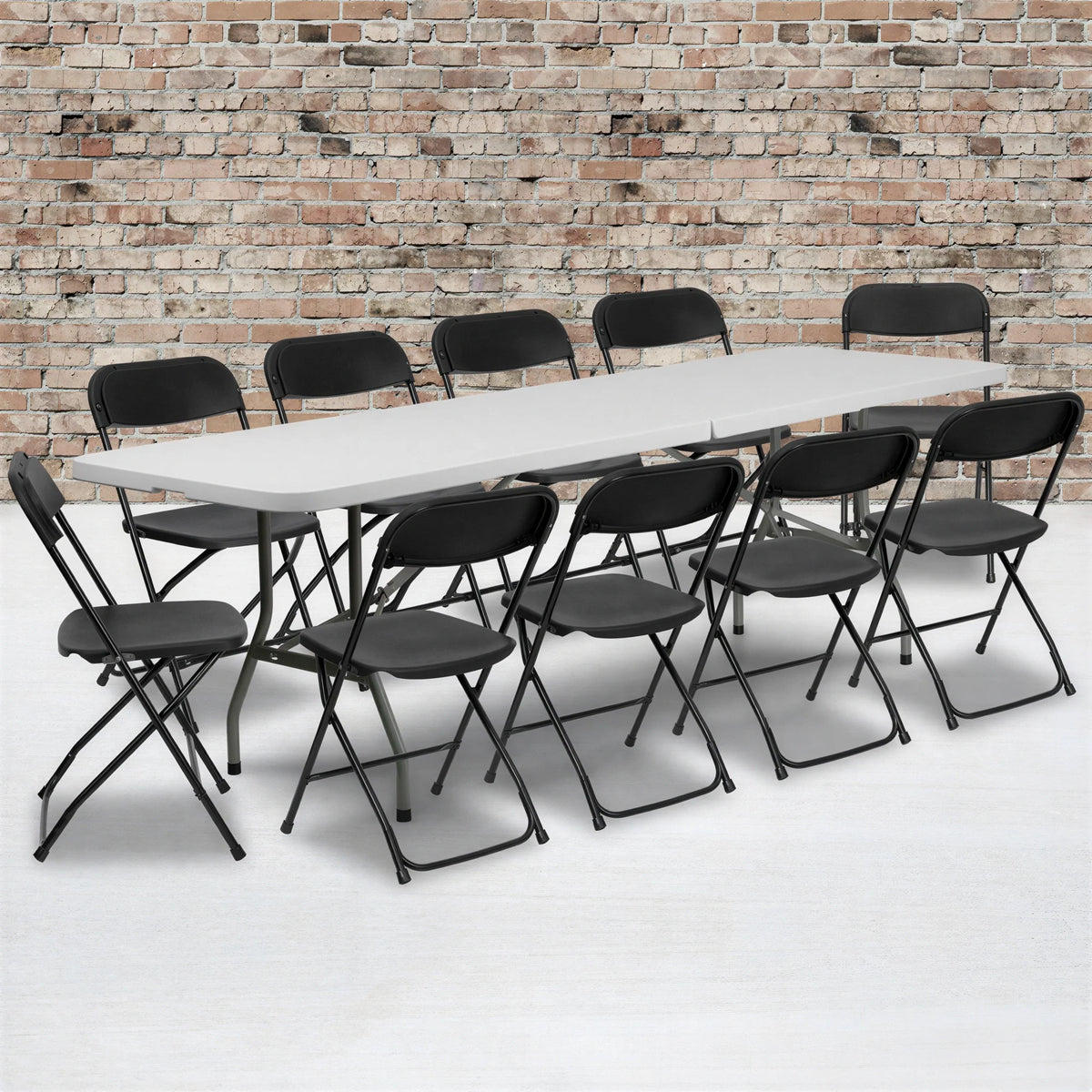 Flash Furniture RB-3096F-10-LEL3-BK-GG Bi-Fold Folding Table and 10 Folding Chairs Set, 96"W, Laminated Top