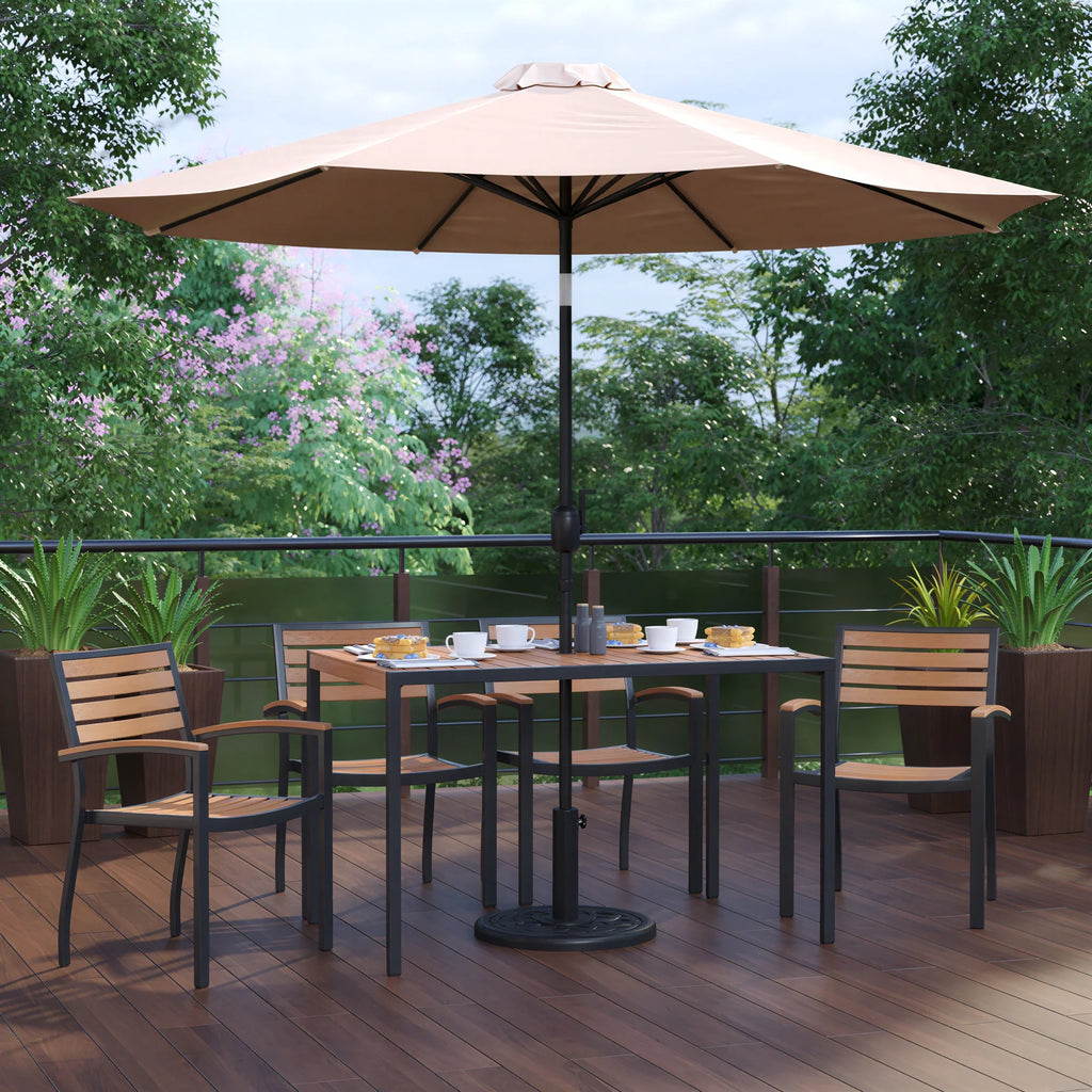 Flash Furniture XU-DG-304860064-UB19BTN-GG Patio Dining Table Set with Rectangular Synthetic Teak Table, 4 Stacking Chairs and Tan Umbrella