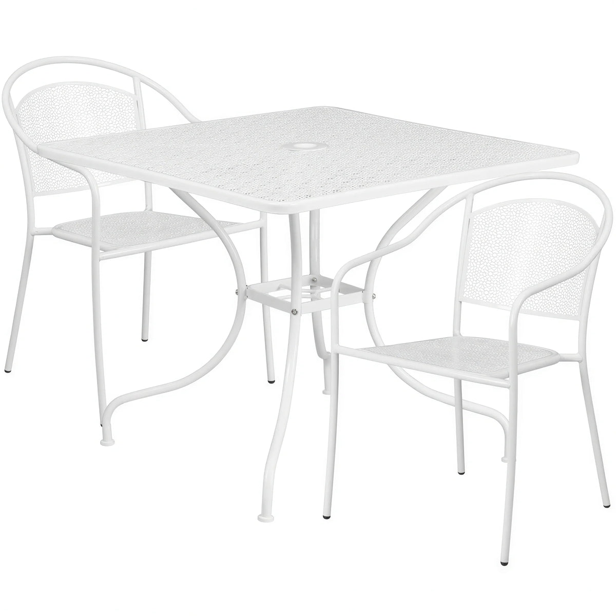 Flash Furniture CO-35SQ-03CHR2-WH-GG 35" Square Steel Patio Table Set with 2 Stacking Arm Chairs, White