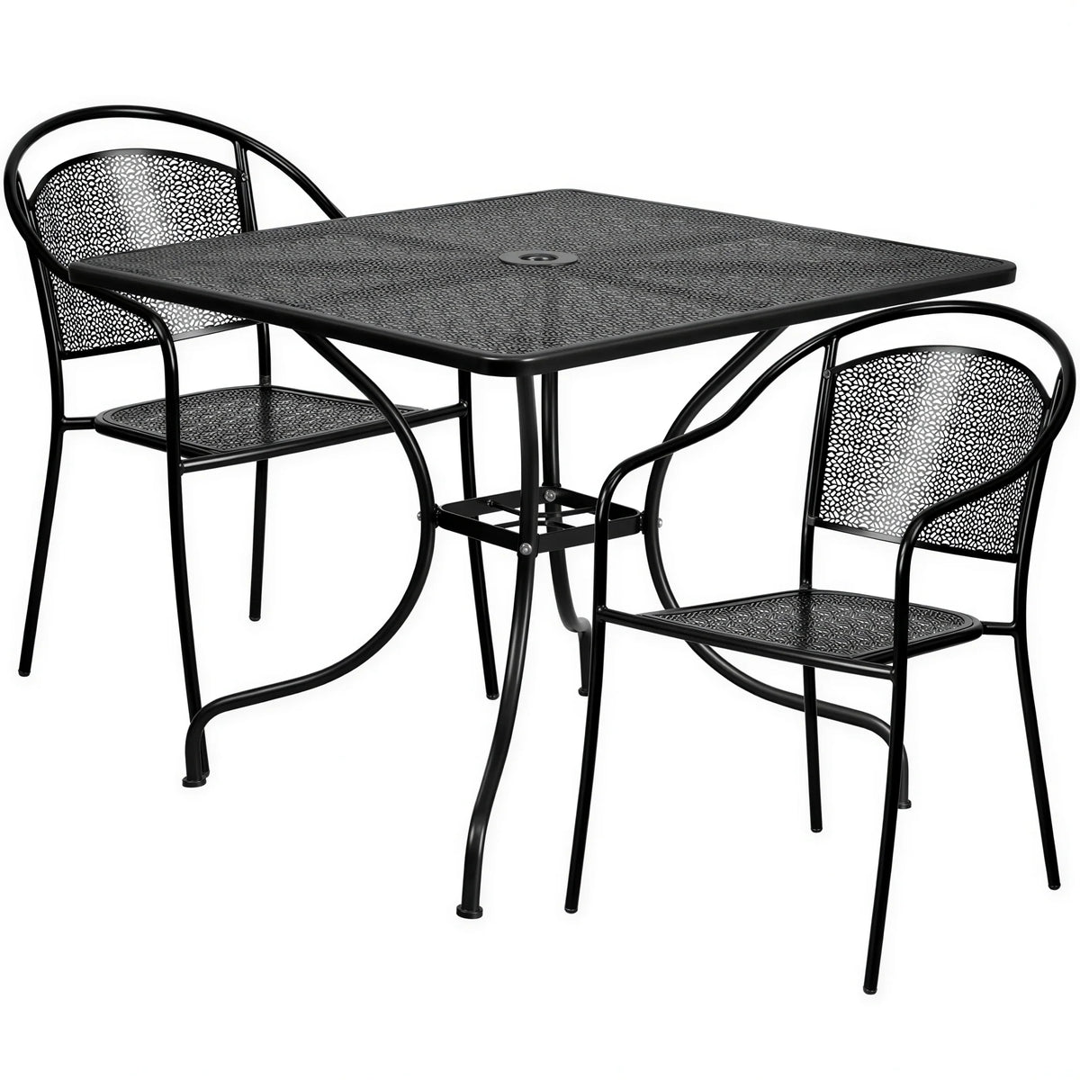 Flash Furniture CO-35SQ-03CHR2-BK-GG 35-1/2" Square Patio Table Set with 2 Stacking Arm Chairs, Black