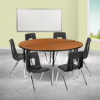 Flash Furniture Emmy XU-GRP-16CH-A60-HCIRC-OAK-T-A-GG 60" Round Adjustable-Height Activity Table with 6 Stack Chairs, Oak/Black
