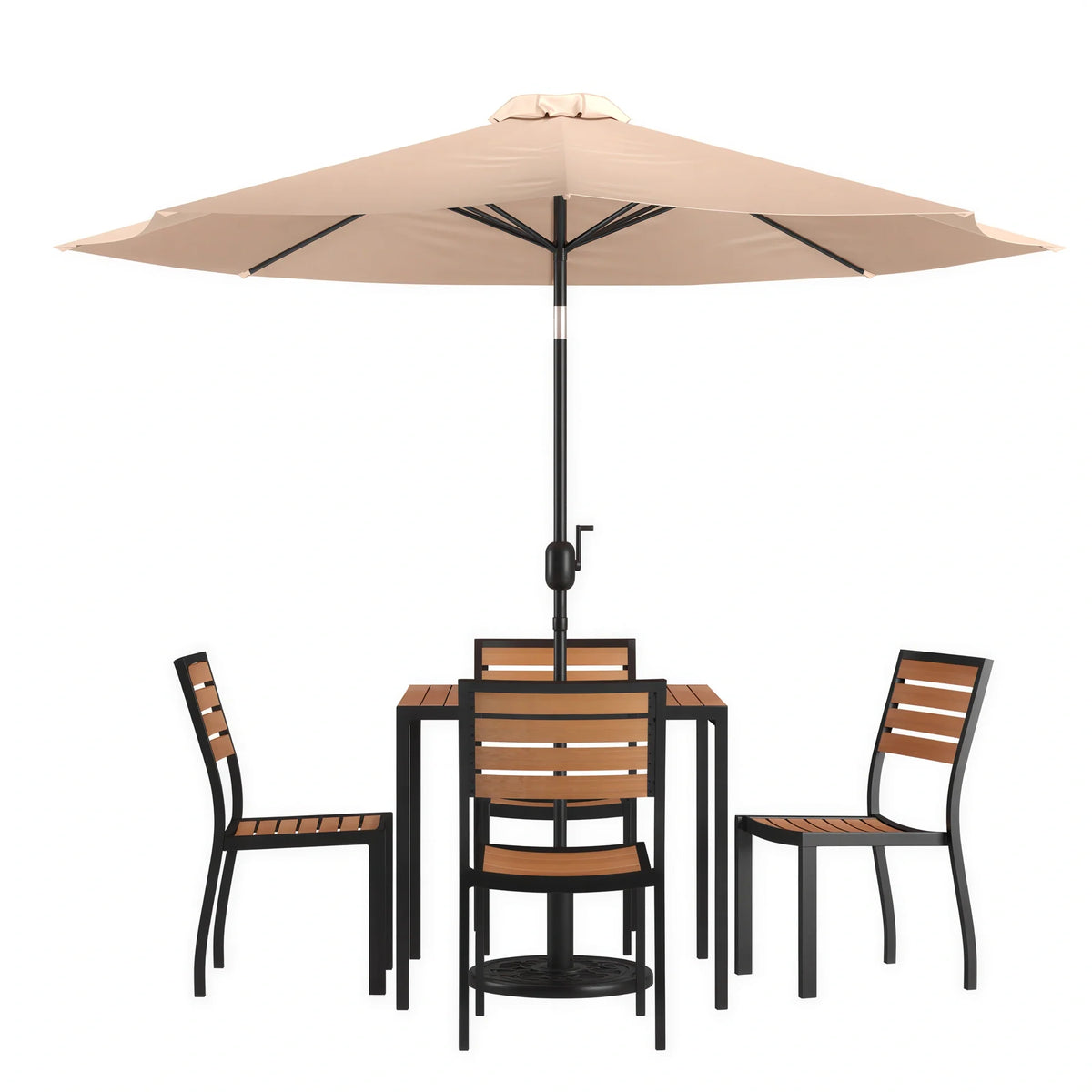 Flash Furniture XU-DG-810060364-UB19BTN-GG 35" Square Patio Dining Table Set with Synthetic Teak Table, Tan Umbrella and 4 Faux Teak Chairs