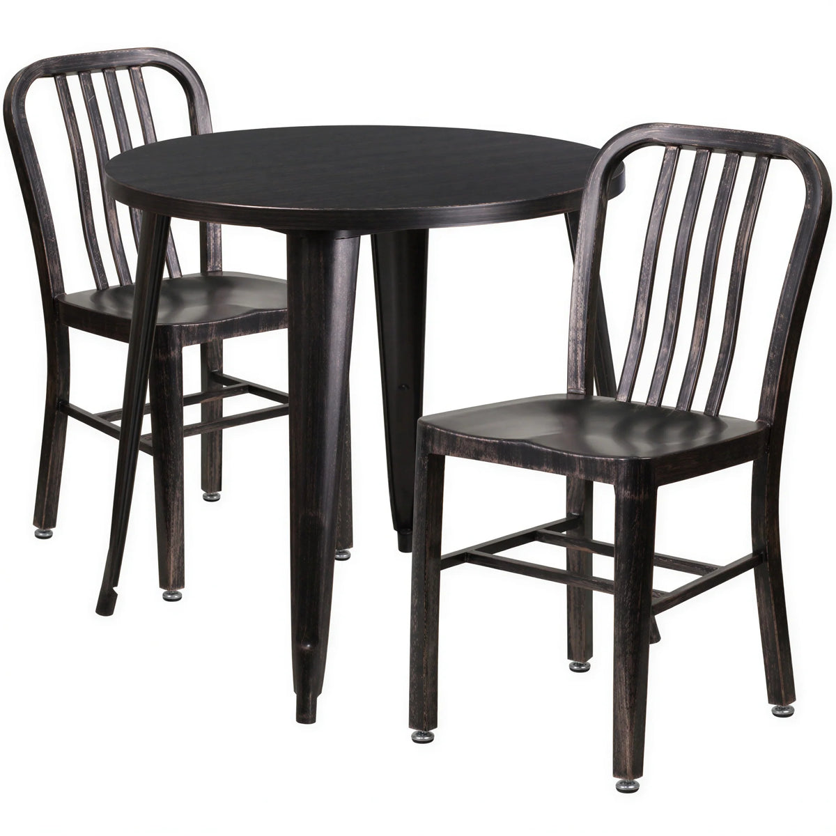 Flash Furniture CH-51090TH-2-18VRT-BQ-GG Round Table and 2 Metal Chairs Set, 30" Table, 29-1/2"H, Vertical Slat Back, Black/Antique Gold