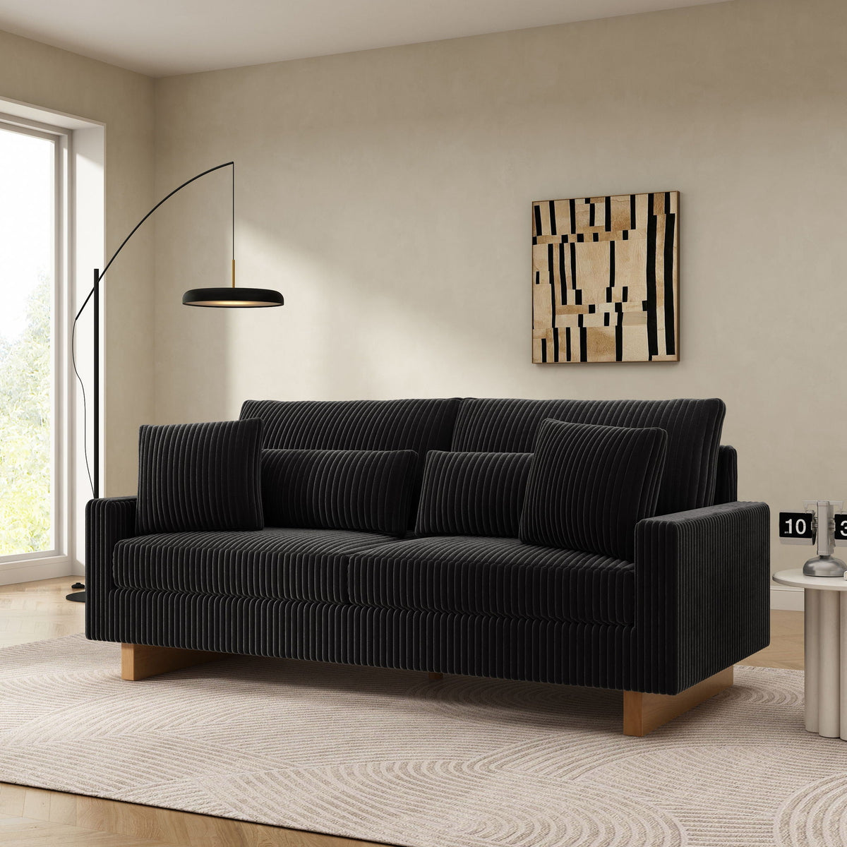 Modern Loveseat Sofa with 4 Pillows - Fabric Upholstery - Beige, Black, or Dark Gray