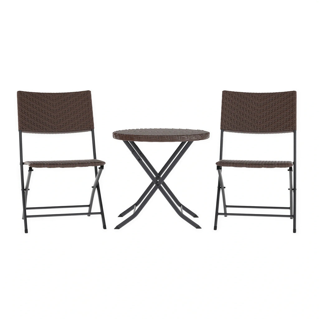 Flash Furniture Rouen FV-FWA085-BRN-BLK-GG Three-Piece Folding Round Table Set with 2 Chairs, Brown PE Rattan, Black Steel Frames