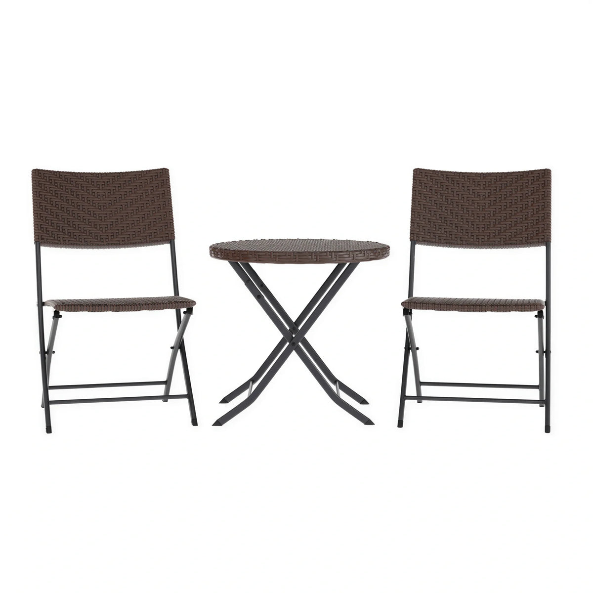 Flash Furniture Rouen FV-FWA085-BRN-BLK-GG Three-Piece Folding Round Table Set with 2 Chairs, Brown PE Rattan, Black Steel Frames
