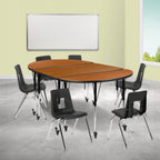 Flash Furniture Emmy XU-GRP-18CH-A3048CON-48-OAK-T-A-CAS-GG Oval Adjustable-Height Activity Table with 6 Stack Chairs, Oak/Black