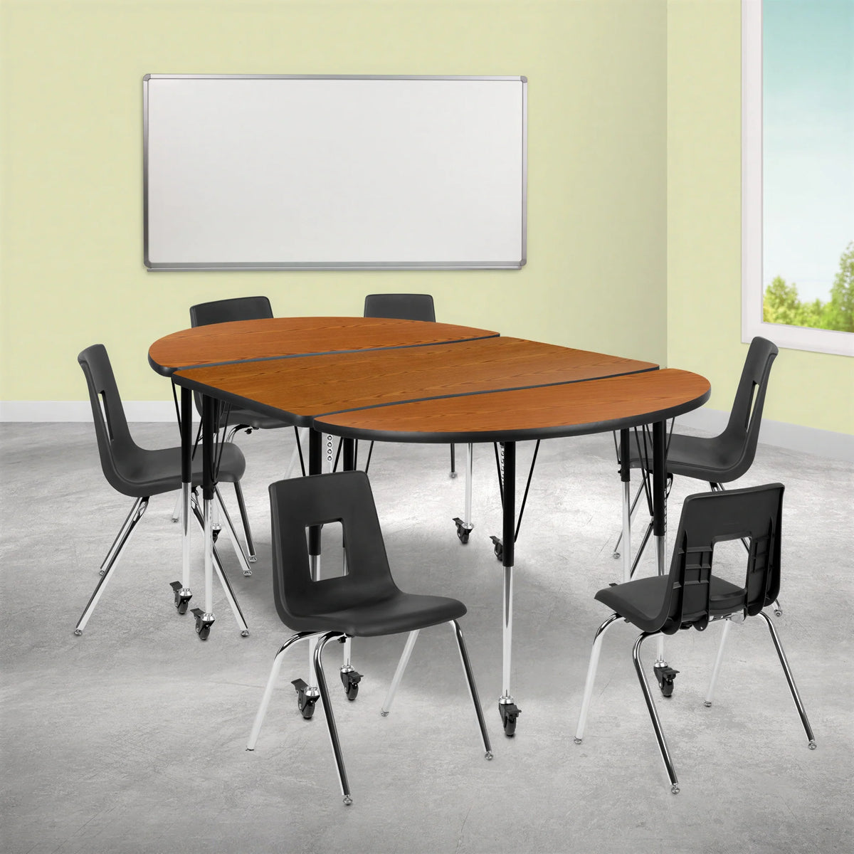 Flash Furniture Emmy XU-GRP-18CH-A3048CON-48-OAK-T-A-CAS-GG Oval Adjustable-Height Activity Table with 6 Stack Chairs, Oak/Black