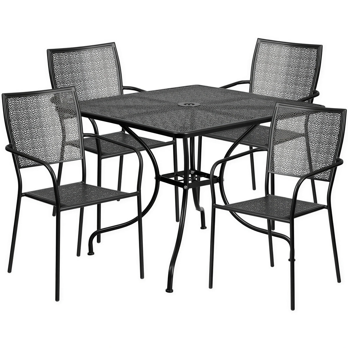 Flash Furniture CO-35SQ-02CHR4-BK-GG Square Patio Table Set, 35-1/2" Table with 4 Stacking Arm Chairs, Black Steel