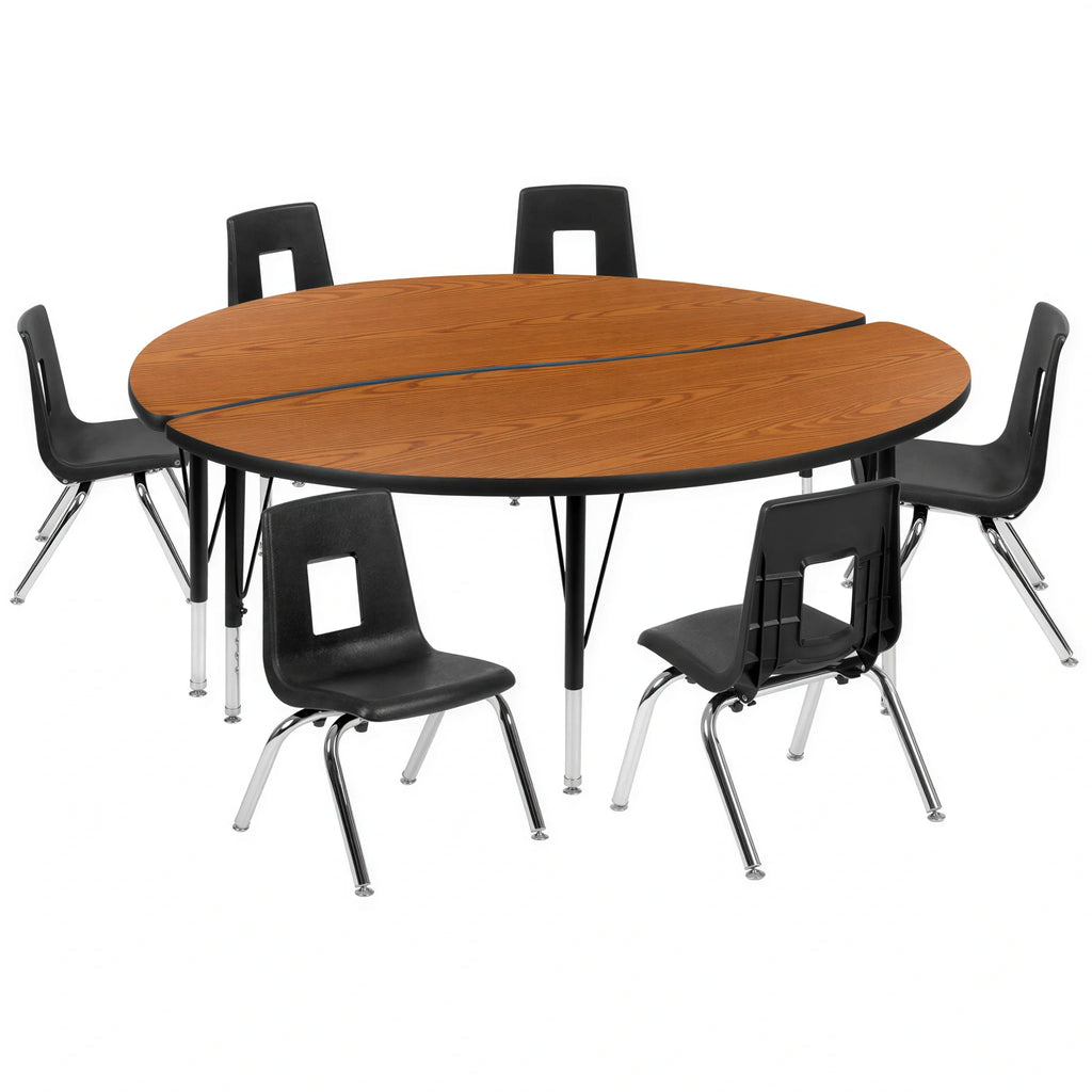 Flash Furniture Emmy XU-GRP-14CH-A60-HCIRC-OAK-T-P-GG 60" Round Adjustable-Height Activity Table with 6 Stack Chairs, Oak/Black
