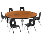 Flash Furniture Emmy XU-GRP-14CH-A60-HCIRC-OAK-T-P-GG 60" Round Adjustable-Height Activity Table with 6 Stack Chairs, Oak/Black