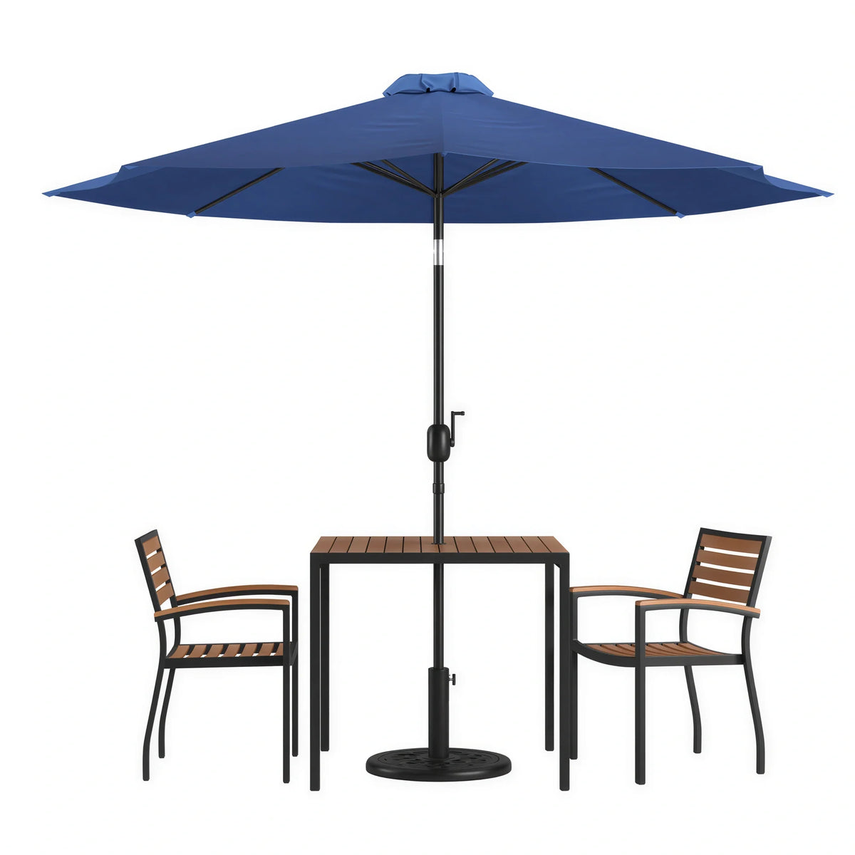 Flash Furniture XU-DG-810060062-UB19BNV-GG 35" Square Patio Dining Table Set with Synthetic Teak Slotted Top, Umbrella, Steel Frame, 2 Chairs