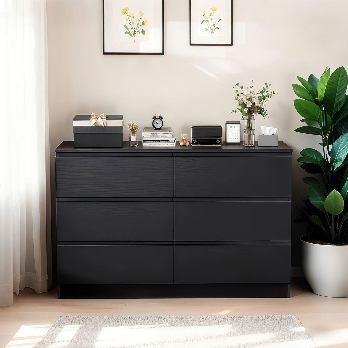 6 Drawer Dresser with Spacious Countertop and Concealed Handles - White or Black