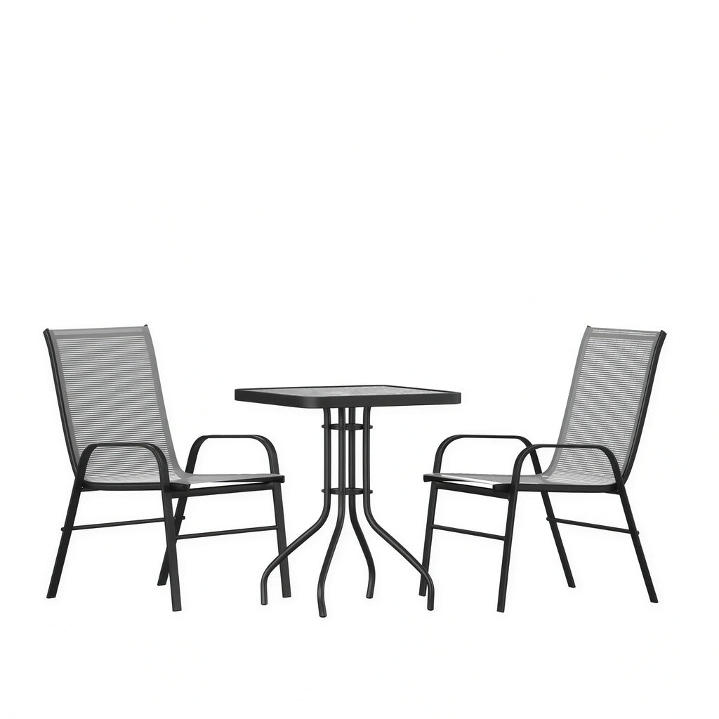 Flash Furniture TLH-073A1303C-GY-GG 3-Piece Outdoor Patio Dining Set with Square Tempered Glass Table and 2 Gray Stack Chairs