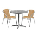 Flash Furniture TLH-ALUM-32RD-020BGECHR2-GG Round Stainless Steel-Top Table and 2 Beige Rattan Stacking Chairs Set