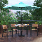 Flash Furniture XU-DG-304860064-UB19BTL-GG Rectangular Patio Dining Table Set with 4 Stacking Chairs, Slotted Synthetic Teak Top, Teal Umbrella