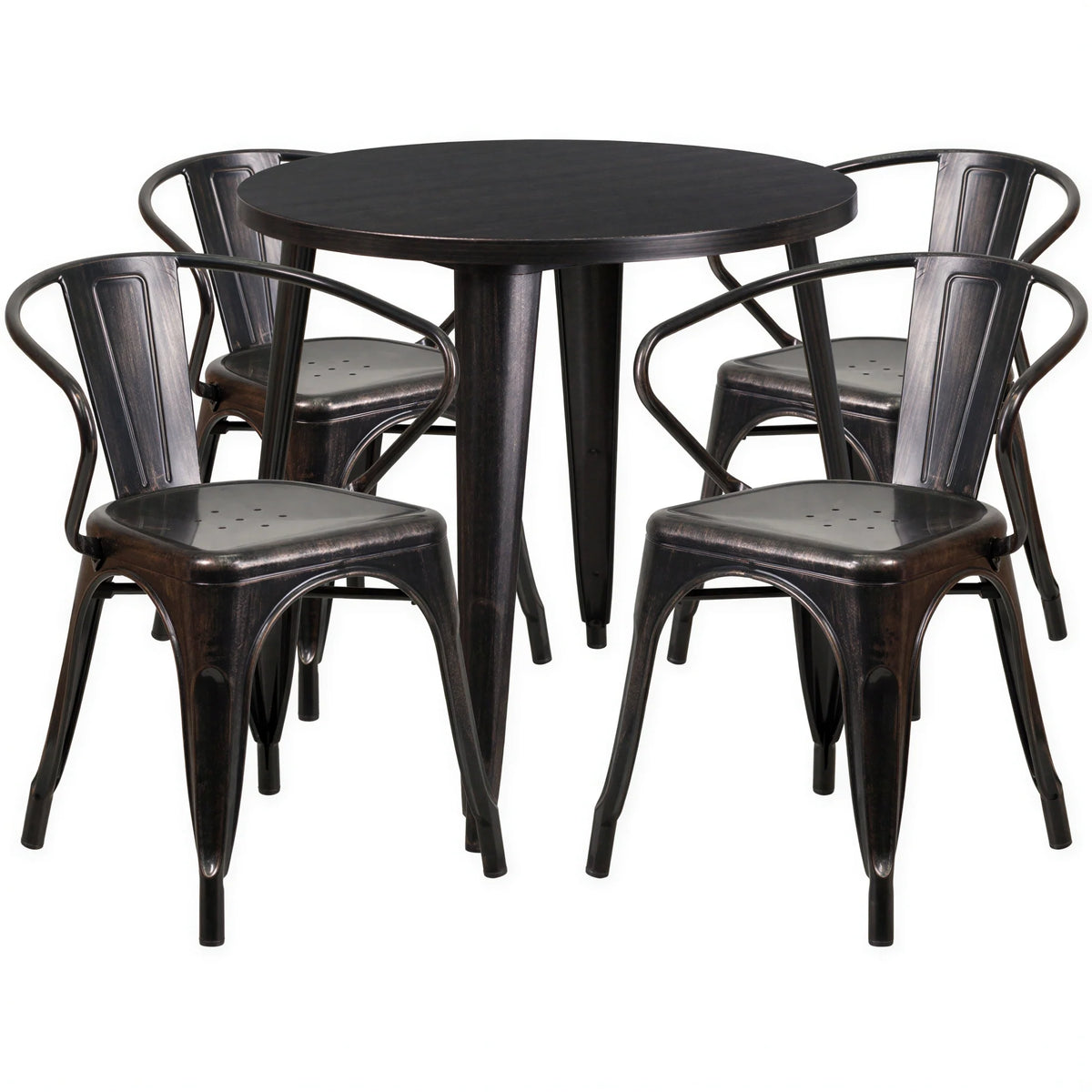 Flash Furniture CH-51090TH-4-18ARM-BQ-GG Round 30" Table and 4 Metal Arm Chairs, 29-1/2"H, Black/Antique Gold
