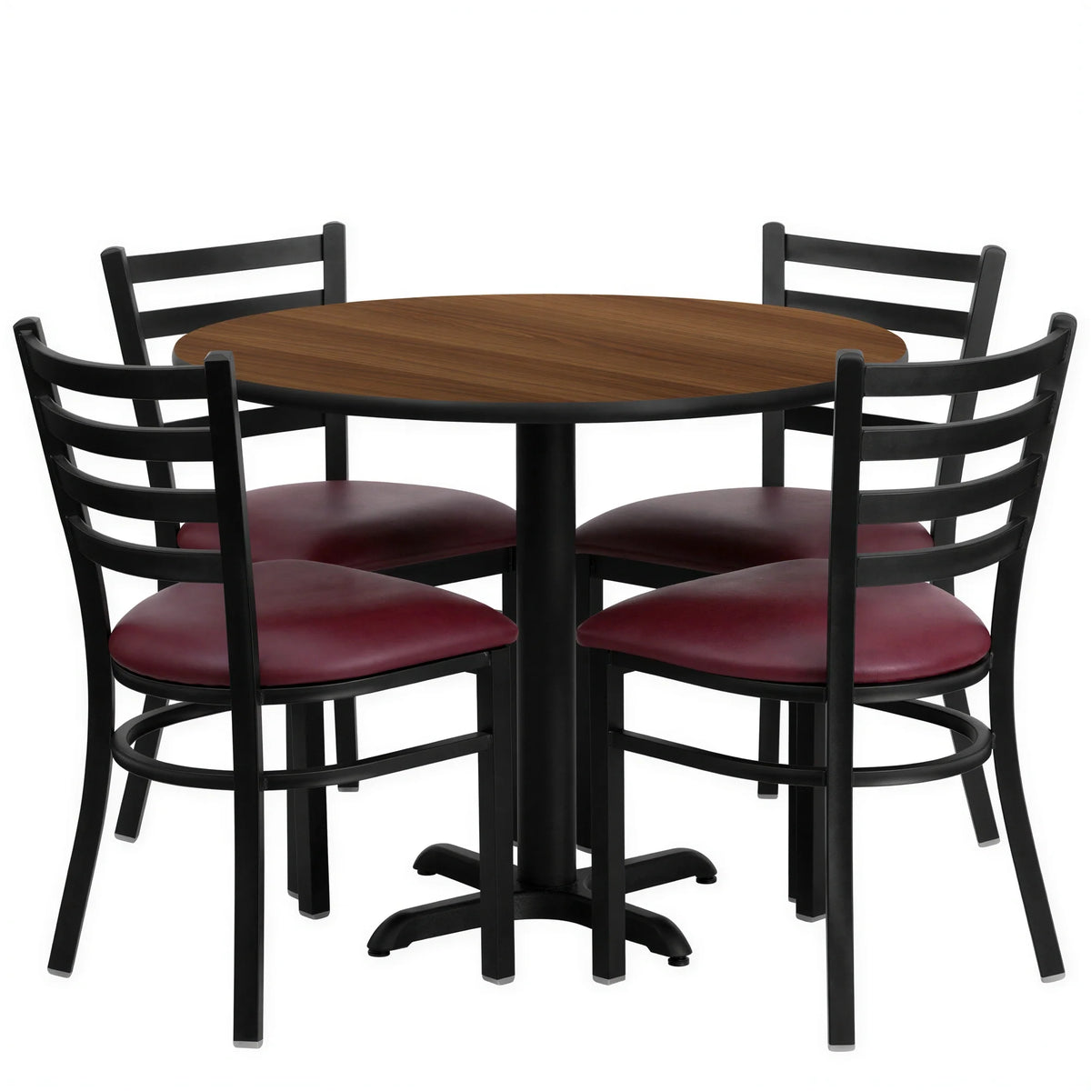 Flash Furniture HDBF1008-GG Round Table and Chair Set, 36" Diameter x 30"H, Walnut, 4 Burgundy Vinyl Ladder-Back Chairs