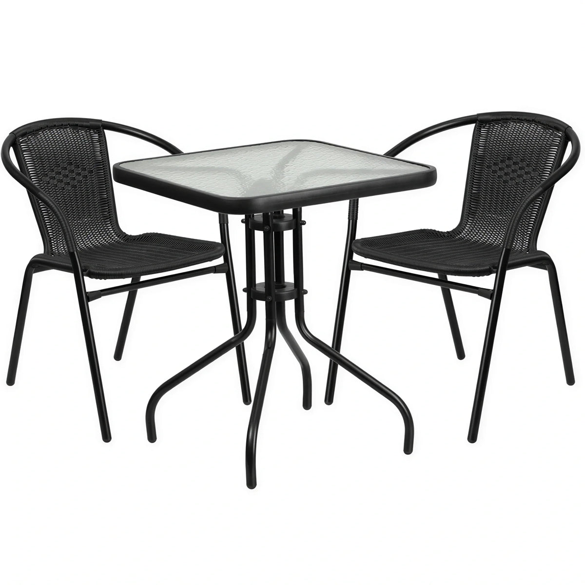 Flash Furniture TLH-0731SQ-037BK2-GG Square 5mm Glass-Top Table Set with 2 Black Rattan Armchairs