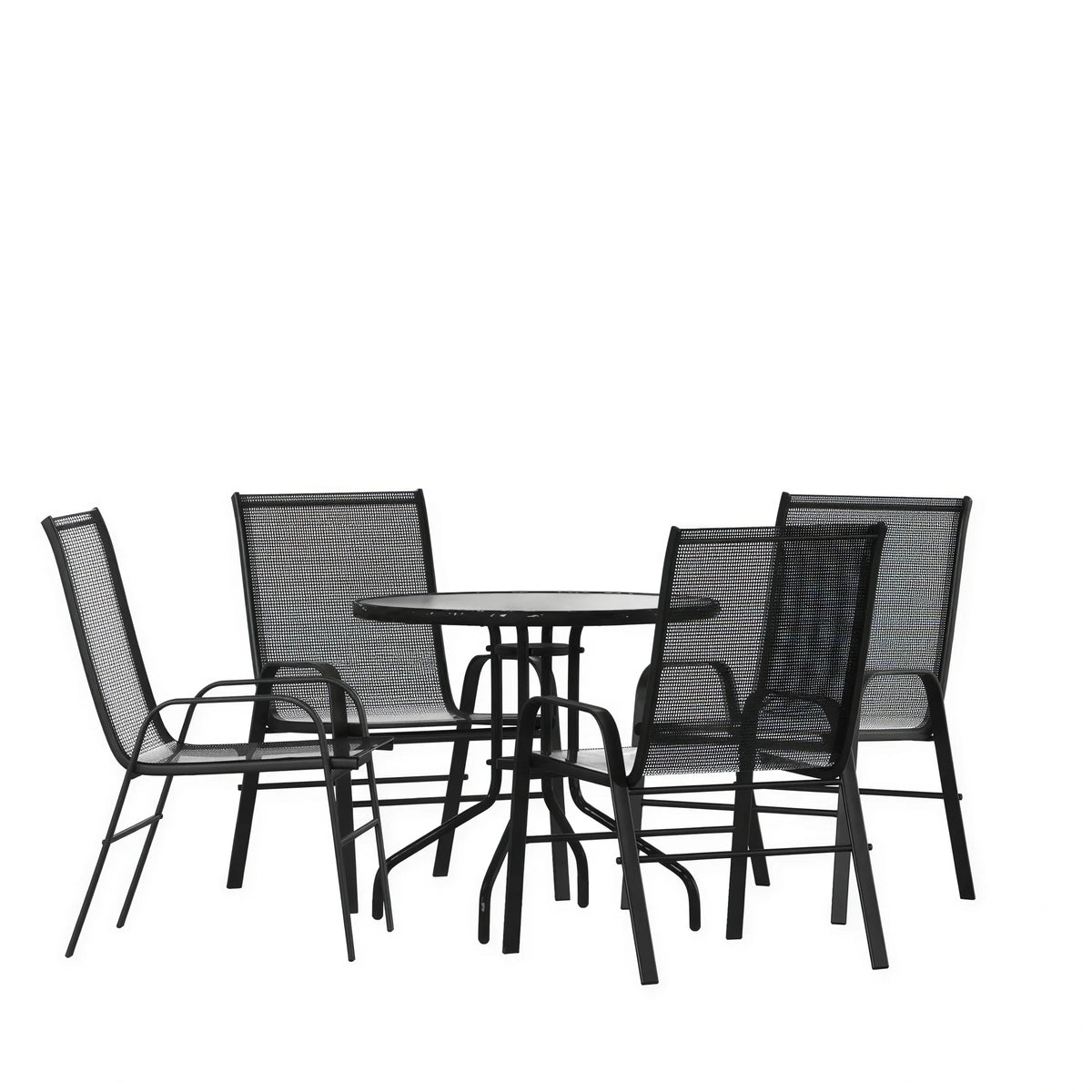 Flash Furniture TLH-0702303C-GG 5-Piece Outdoor Patio Dining Set with 31.5-Inch Round Tempered Glass Table and 4 Black Stack Chairs