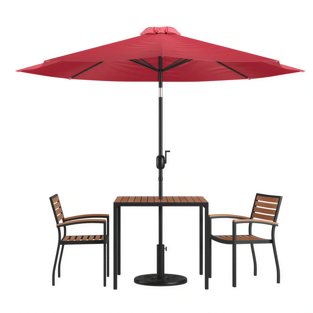Flash Furniture XU-DG-810060062-UB19BRD-GG 35" Square Patio Dining Set with Synthetic Teak Table, Red Umbrella, Base & 2 Stacking Chairs