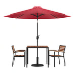 Flash Furniture XU-DG-810060062-UB19BRD-GG 35" Square Patio Dining Set with Synthetic Teak Table, Red Umbrella, Base & 2 Stacking Chairs
