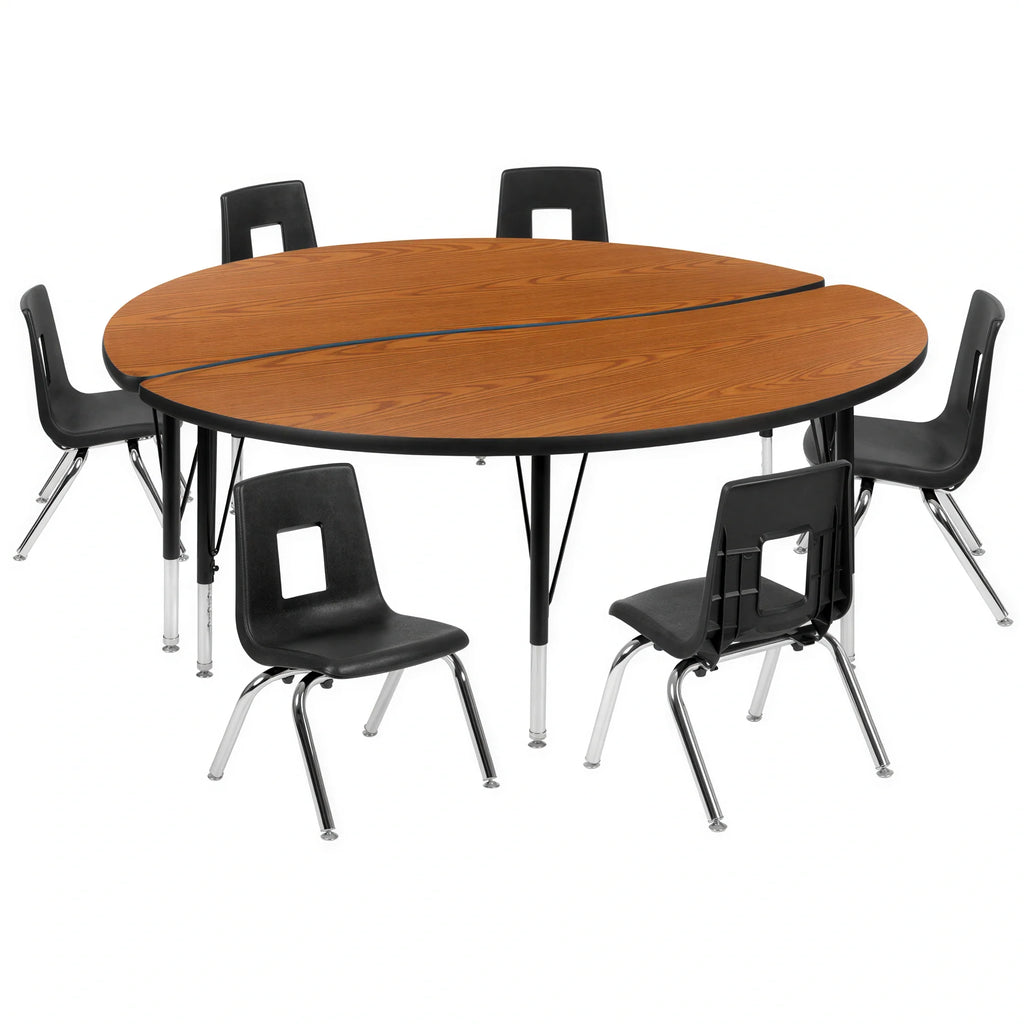 Flash Furniture Emmy XU-GRP-12CH-A60-HCIRC-OAK-T-P-GG 60" Round Adjustable-Height Laminate Activity Table Set with 6 Stack Chairs, Oak/Black