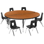 Flash Furniture Emmy XU-GRP-12CH-A60-HCIRC-OAK-T-P-GG 60" Round Adjustable-Height Laminate Activity Table Set with 6 Stack Chairs, Oak/Black
