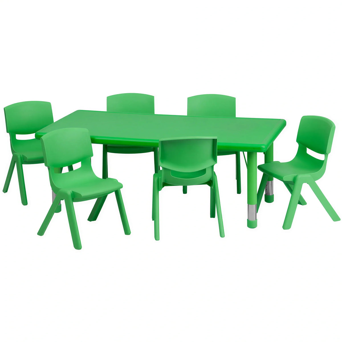 Flash Furniture YU-YCX-0013-2-RECT-TBL-GREEN-E-GG Preschool Rectangular Activity Table Set with 6 Green Stacking Chairs, 48 x 24 in, Adjustable Height