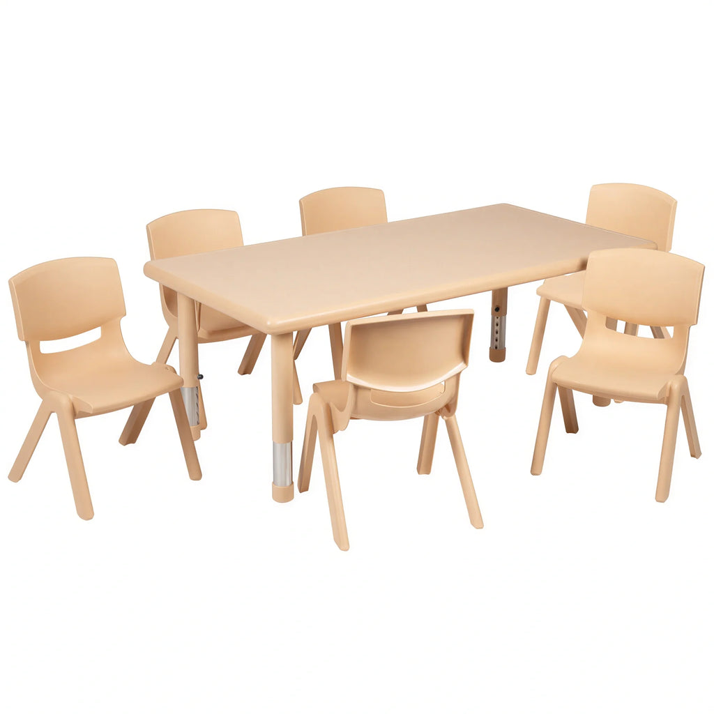 Flash Furniture Emmy YU-YCX-0013-2-RECT-TBL-NAT-E-GG Preschool Rectangular Activity Table Set, 48 x 24 in, Adjustable Height, 6 Stacking Chairs