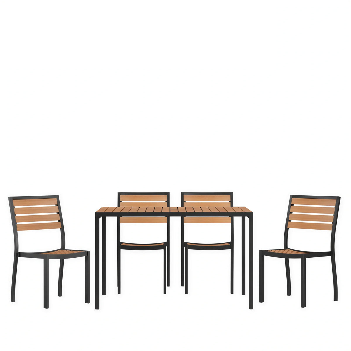 Flash Furniture XU-DG-304860364-GG Patio Dining Table Set with 4 Stacking Chairs, 48 x 30 in Rectangular Faux Teak Table, Umbrella Hole