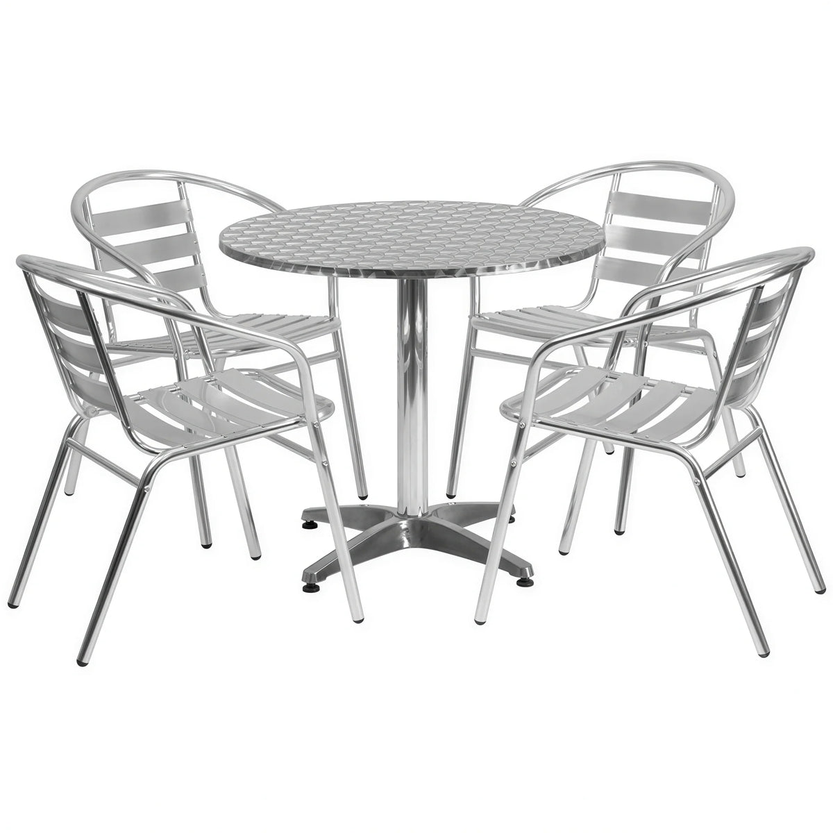 Flash Furniture TLH-ALUM-32RD-017BCHR4-GG Round Stainless-Steel-Top Aluminum Table Set with Four Stacking Arm Chairs