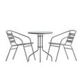 Flash Furniture TLH-071RD-017CSV2-GG Round Glass-Top Metal Table Set with Two Silver Aluminum Slat Stack Chairs