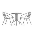 Flash Furniture TLH-071RD-017CSV2-GG Round Glass-Top Metal Table Set with Two Silver Aluminum Slat Stack Chairs