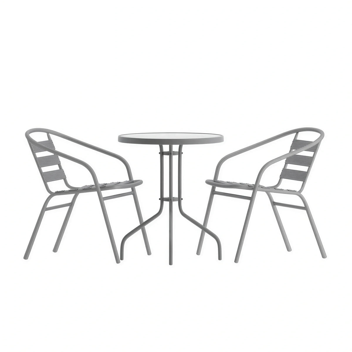 Flash Furniture TLH-071RD-017CSV2-GG Round Glass-Top Metal Table Set with Two Silver Aluminum Slat Stack Chairs