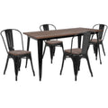 Flash Furniture CH-WD-TBCH-27-GG Rectangular Table and 4 Stackable Chairs Set, 30-1/4" x 60", Elm Wood Top, Black Galvanized Steel Frame
