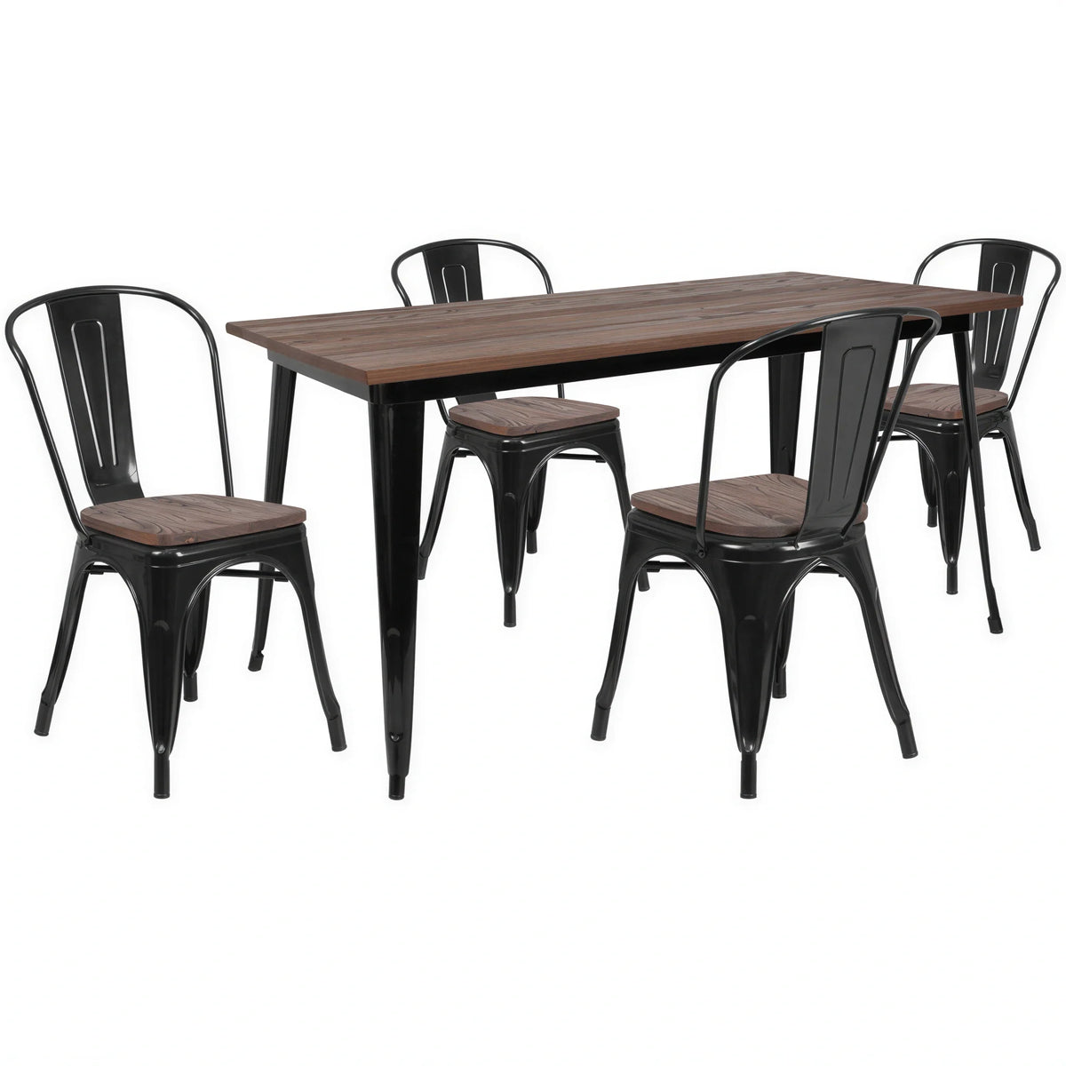 Flash Furniture CH-WD-TBCH-27-GG Rectangular Table and 4 Stackable Chairs Set, 30-1/4" x 60", Elm Wood Top, Black Galvanized Steel Frame