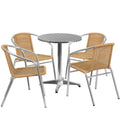Flash Furniture TLH-ALUM-24RD-020BGECHR4-GG Round Stainless Steel Table with Four Beige Rattan Stacking Chairs, 27-1/2 in. H