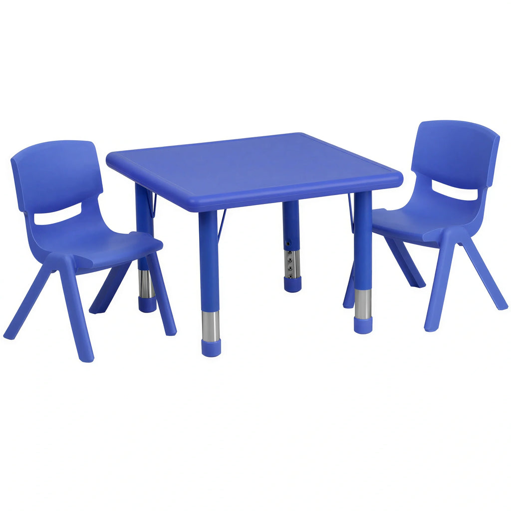 Flash Furniture Emmy YU-YCX-0023-2-SQR-TBL-BLUE-R-GG Preschool Activity Table Set, 24-Inch Square Adjustable Table with 2 Blue Stacking Chairs