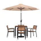 Flash Furniture XU-DG-810060064-UB19BTN-GG 35" Square Patio Dining Table Set with Synthetic Teak Top, Umbrella, Base & 4 Chairs