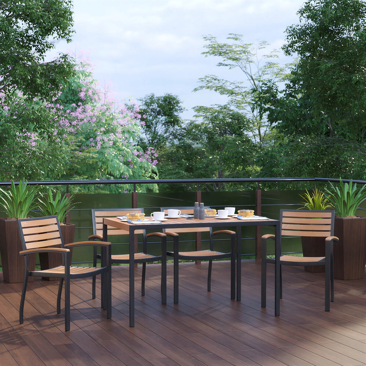 Flash Furniture XU-DG-304860064-GG Patio Dining Table Set with 4 Stacking Chairs, Rectangular Synthetic Teak Top, Umbrella Hole