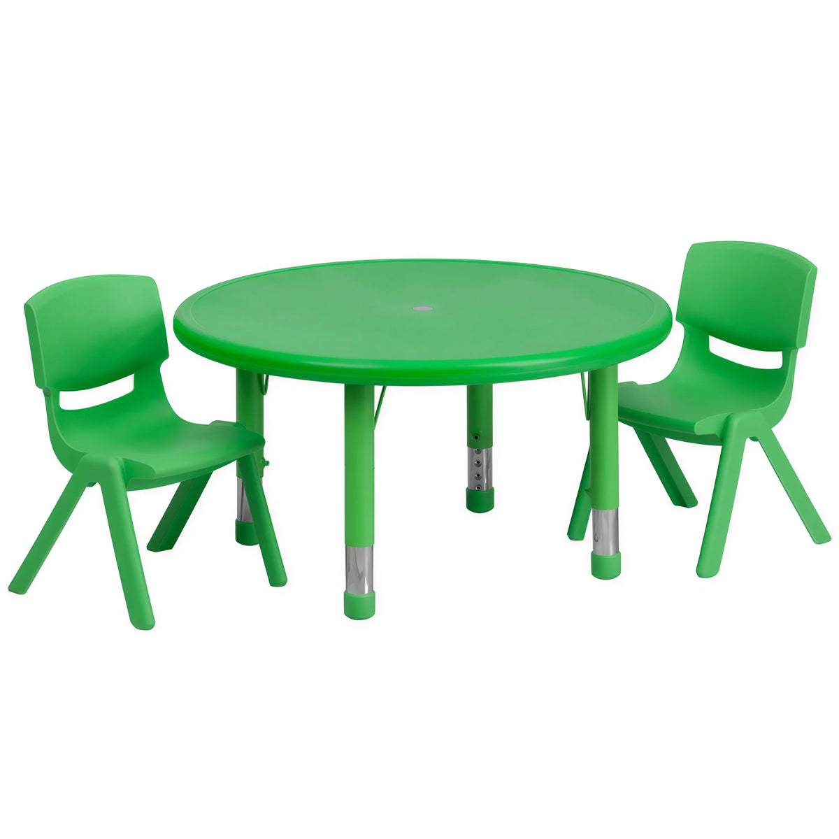 Flash Furniture YU-YCX-0073-2-ROUND-TBL-GREEN-R-GG Preschool Activity Table Set with 2 Green Stacking Chairs, 33" Round, Adjustable Height