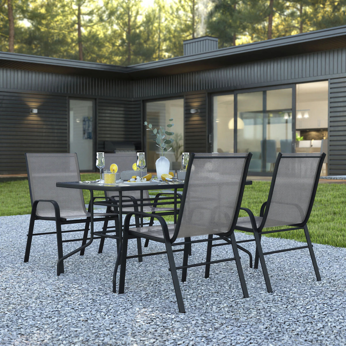 Flash Furniture TLH-089REC-303CGY4-GG 5-Piece Outdoor Patio Dining Set with 55-Inch Tempered Glass Table and 4 Gray Stack Chairs