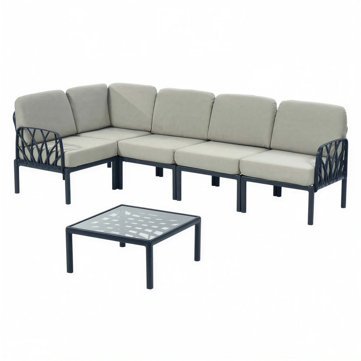 G & A Commercial Seating Marbella 8600 Indoor/Outdoor Resin Patio Lounge Set with 5 Single Seats, 2 Armchairs, Corner Seat and Glass-Top Coffee Table