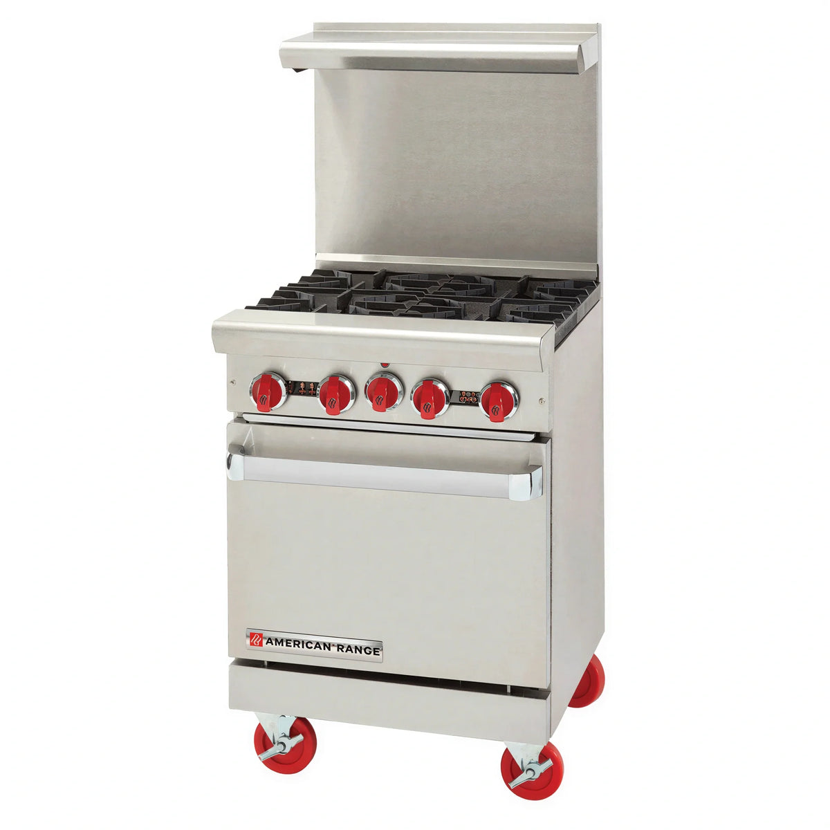 American Range AR-4 24-Inch Gas Restaurant Range with 4 Open Burners, 20-Inch Space Saver Oven and Back Riser Shelf