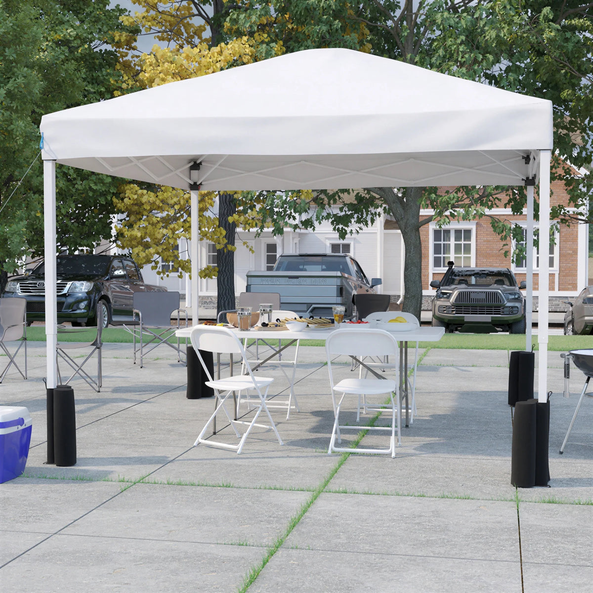 Flash Furniture JJ-GZ10PKG183Z-4LEL3-WHWH-GG 10' x 10' White Pop-Up Canopy Tent Set with 6' Folding Table and 4 Folding Chairs