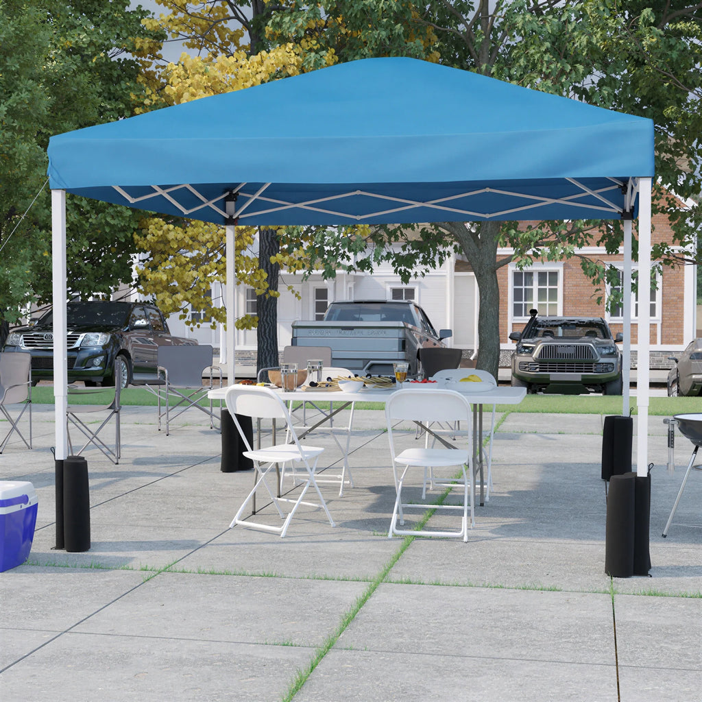 Flash Furniture JJ-GZ10PKG183Z-4LEL3-BLWH-GG 10' x 10' Blue Pop-Up Canopy Tent Set with 6' Folding Table, 4 White Chairs and Weight Bags