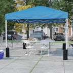 Flash Furniture JJ-GZ10PKG183Z-4LEL3-BLWH-GG 10' x 10' Blue Pop-Up Canopy Tent Set with 6' Folding Table, 4 White Chairs and Weight Bags
