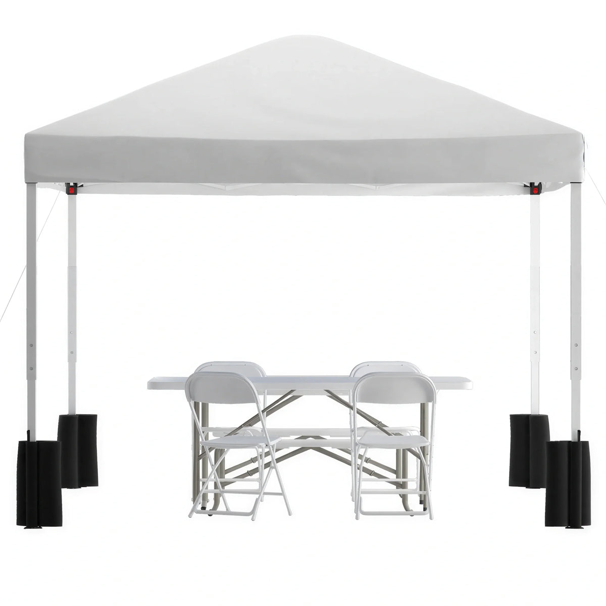 Flash Furniture JJ-GZ10PKG183Z-4LEL3-WHWH-GG 10' x 10' White Pop-Up Canopy Tent Set with 6' Folding Table and 4 Folding Chairs