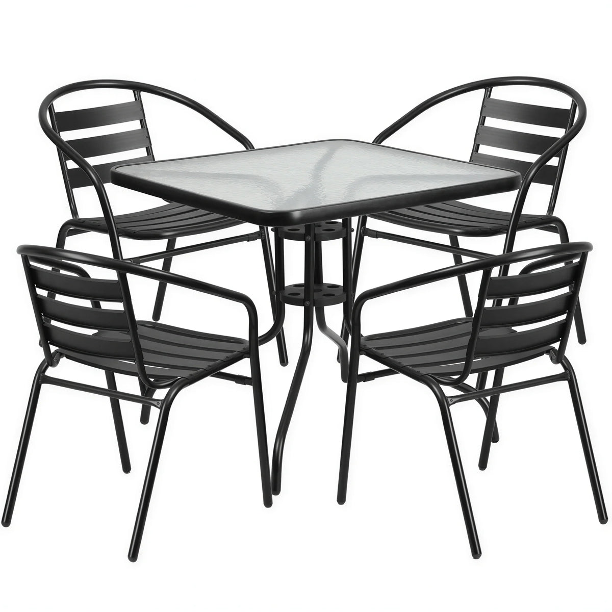 Flash Furniture TLH-0732SQ-017CBK4-GG Square 31-1/2-Inch Glass-Top Table Set with 4 Black Stacking Cafe Armchairs
